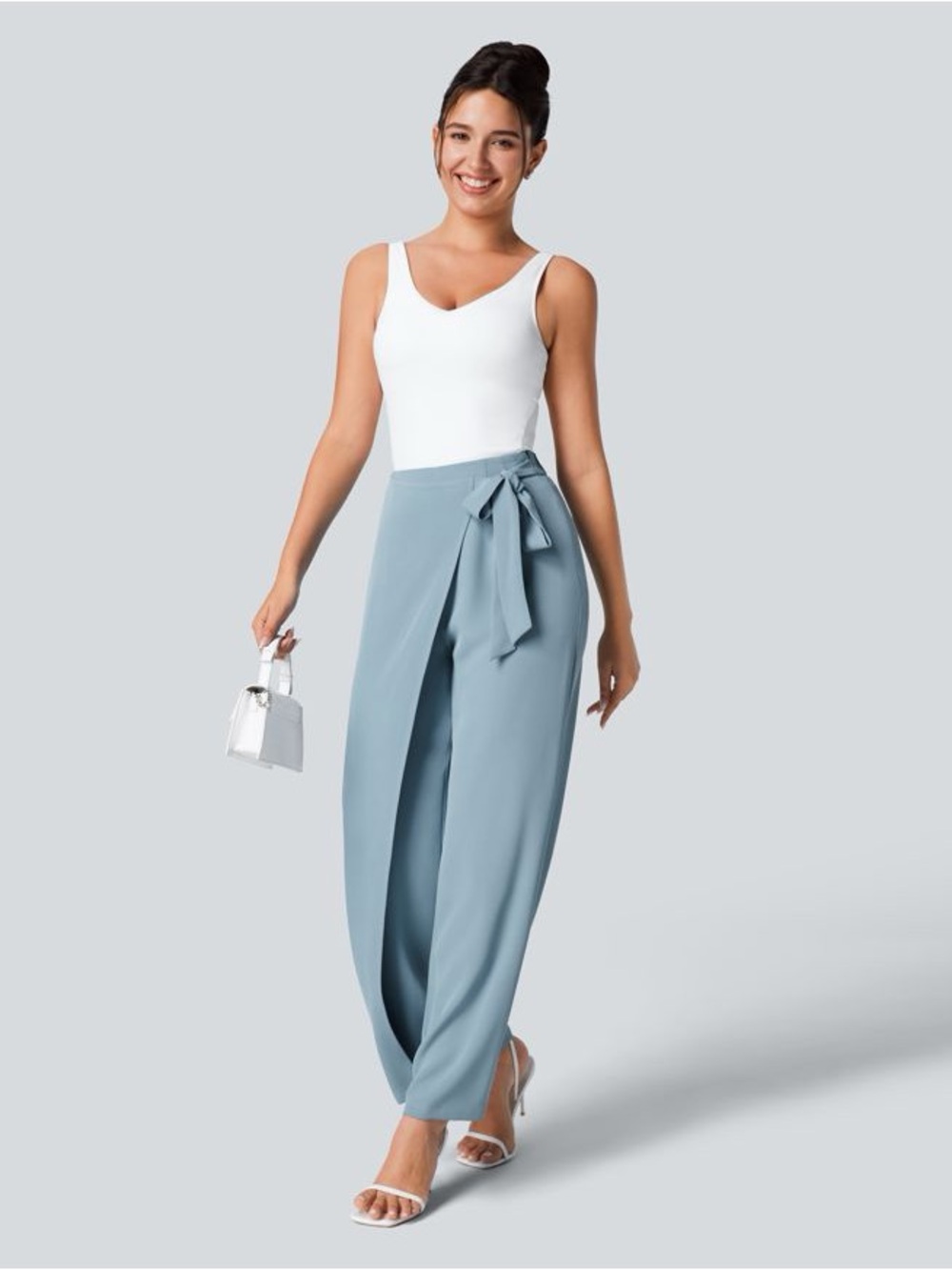 Halara Womens Light Blue Tie-Waist Draped Pants